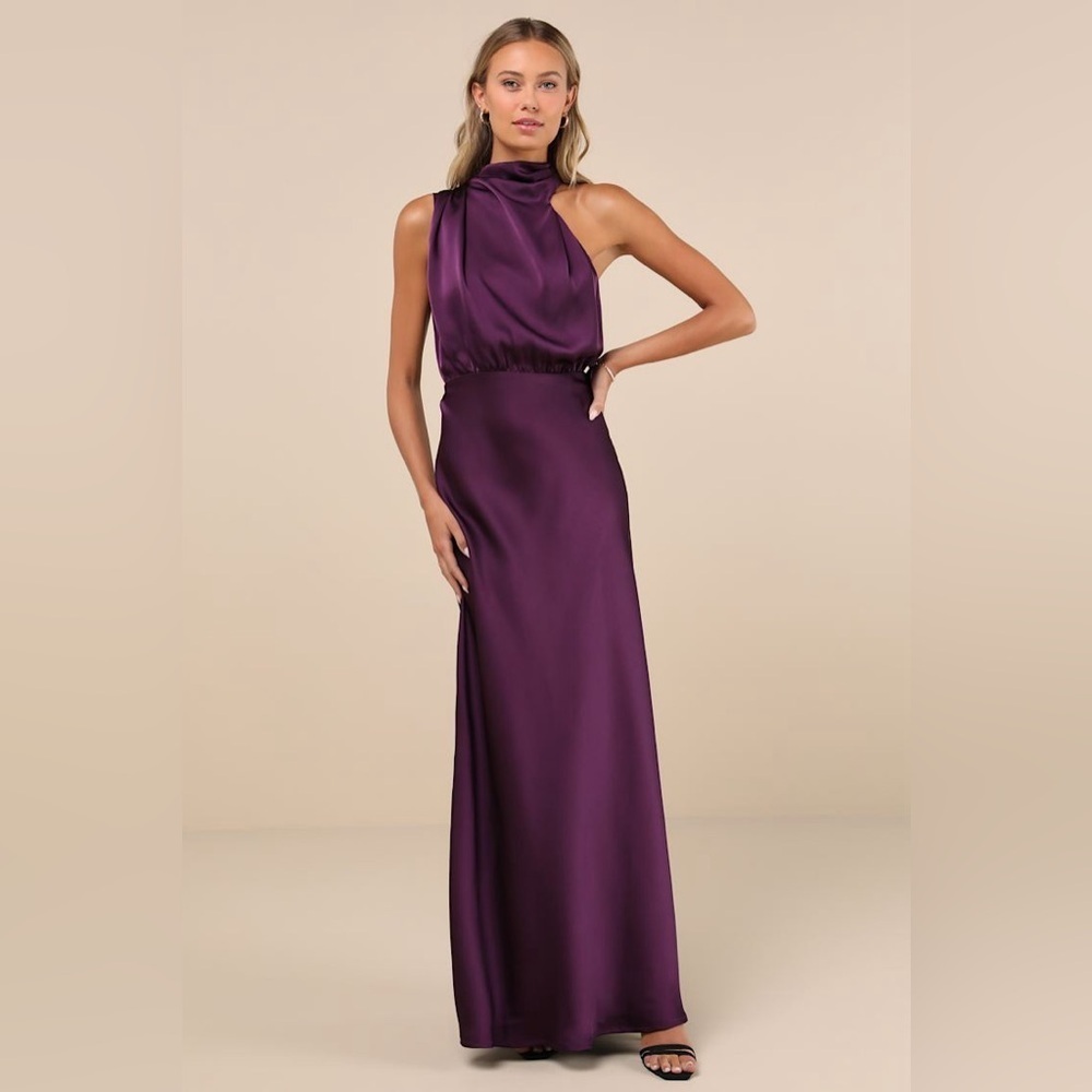 LULU’S Distinctive Charm Purple Satin Asymmetrical Maxi Dress - Picture 4 of 5